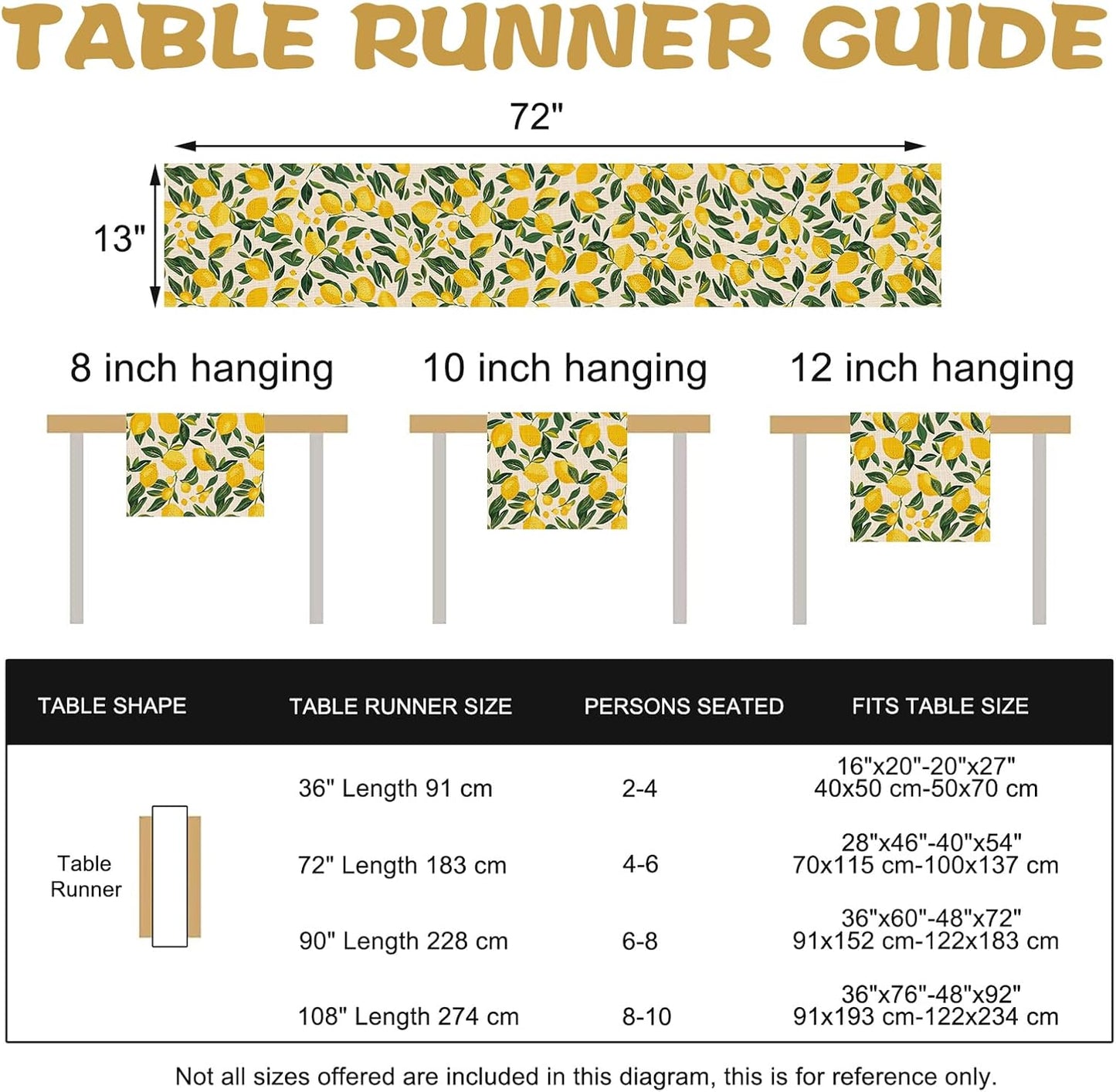 Lemon Dining Table Runner, Spring Summer Citrus Fruit Burlap Kitchen Decoration, Seasonal Indoor Outdoor Home Decor Party Supply 13 x 72 Inches