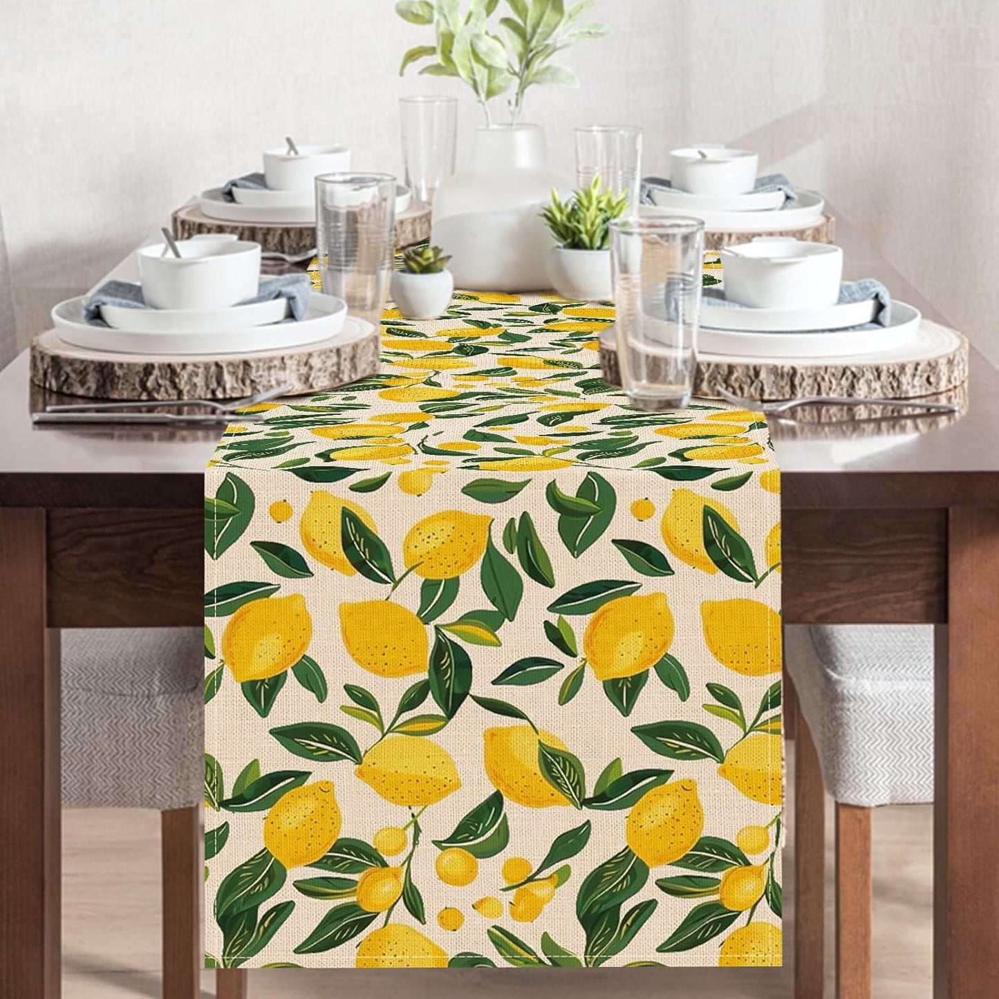 Lemon Dining Table Runner, Spring Summer Citrus Fruit Burlap Kitchen Decoration, Seasonal Indoor Outdoor Home Decor Party Supply 13 x 72 Inches