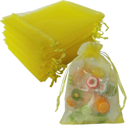 100 Count Sheer Organza Mesh Drawstring Gift Bags 5x7 Inch Yellow | Jewelry Candy Soap Beads Clear Wrap Pouches for Baby Shower Easter Baptism Bridal Shower Party Favors Birthday Rustic Wedding