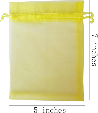 100 Count Sheer Organza Mesh Drawstring Gift Bags 5x7 Inch Yellow | Jewelry Candy Soap Beads Clear Wrap Pouches for Baby Shower Easter Baptism Bridal Shower Party Favors Birthday Rustic Wedding