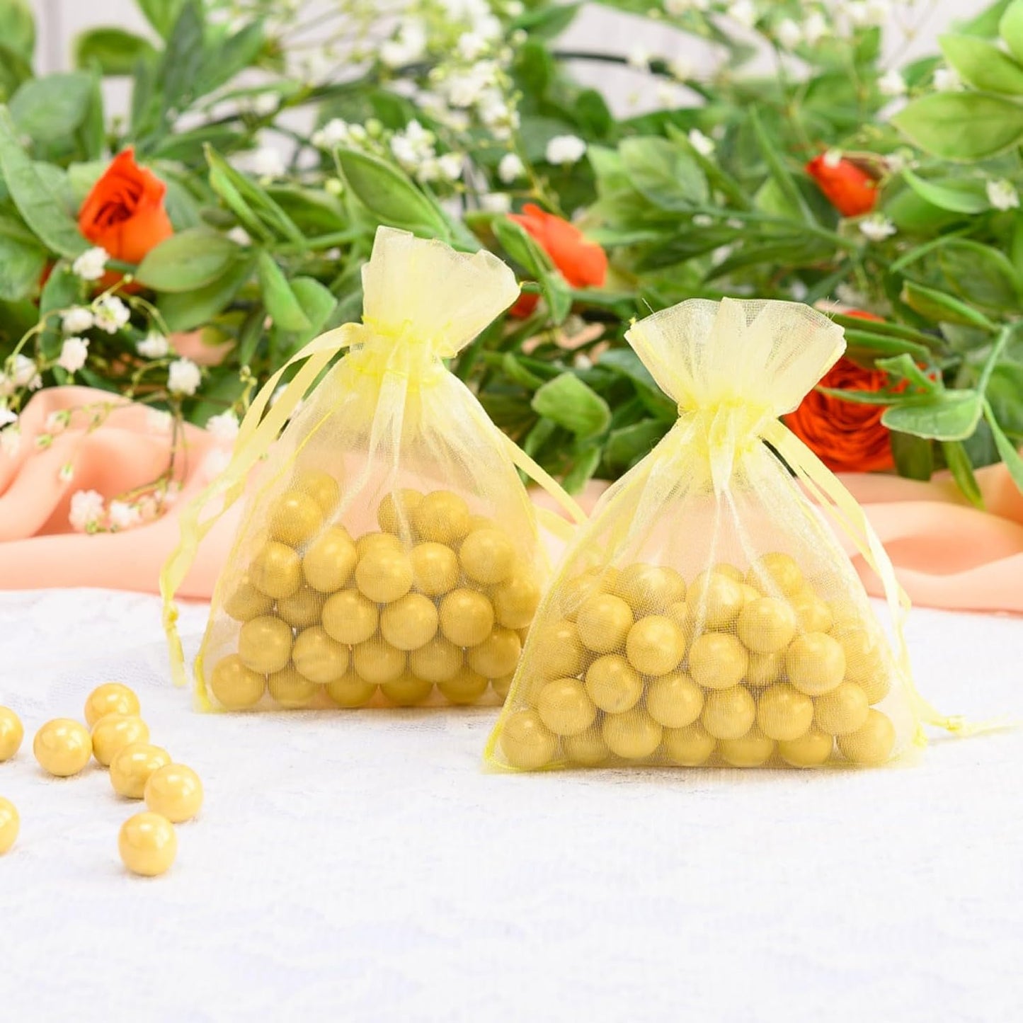 100 Count Sheer Organza Mesh Drawstring Gift Bags 5x7 Inch Yellow | Jewelry Candy Soap Beads Clear Wrap Pouches for Baby Shower Easter Baptism Bridal Shower Party Favors Birthday Rustic Wedding