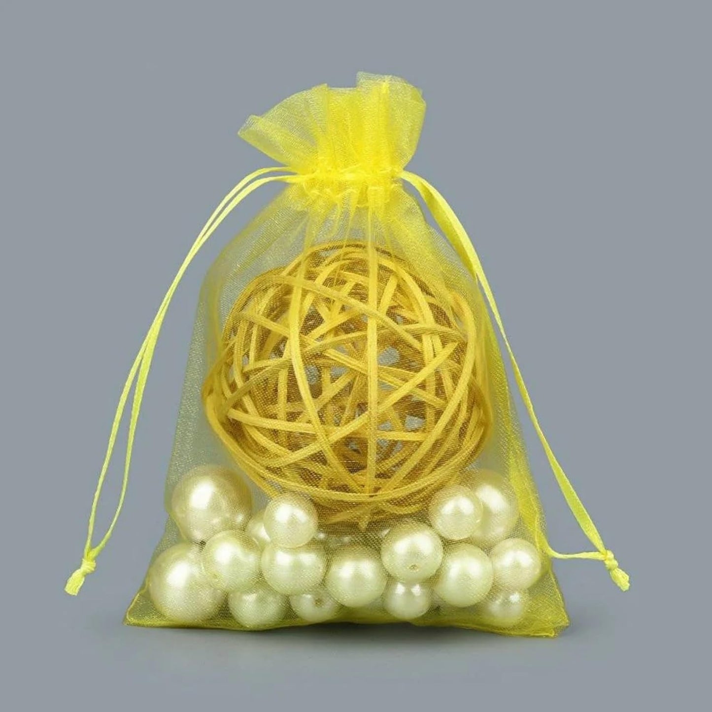 100 Count Sheer Organza Mesh Drawstring Gift Bags 5x7 Inch Yellow | Jewelry Candy Soap Beads Clear Wrap Pouches for Baby Shower Easter Baptism Bridal Shower Party Favors Birthday Rustic Wedding