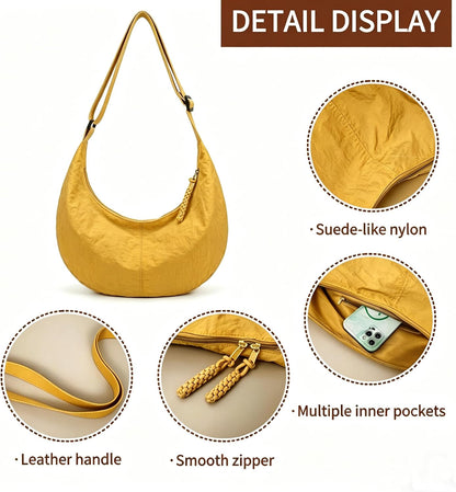 Nylon Crossbody Bags for Women Slouchy Crescent Tote Bag Lightweight Casual Shoulder Hobo Dumpling Bag Travel Sling Purse