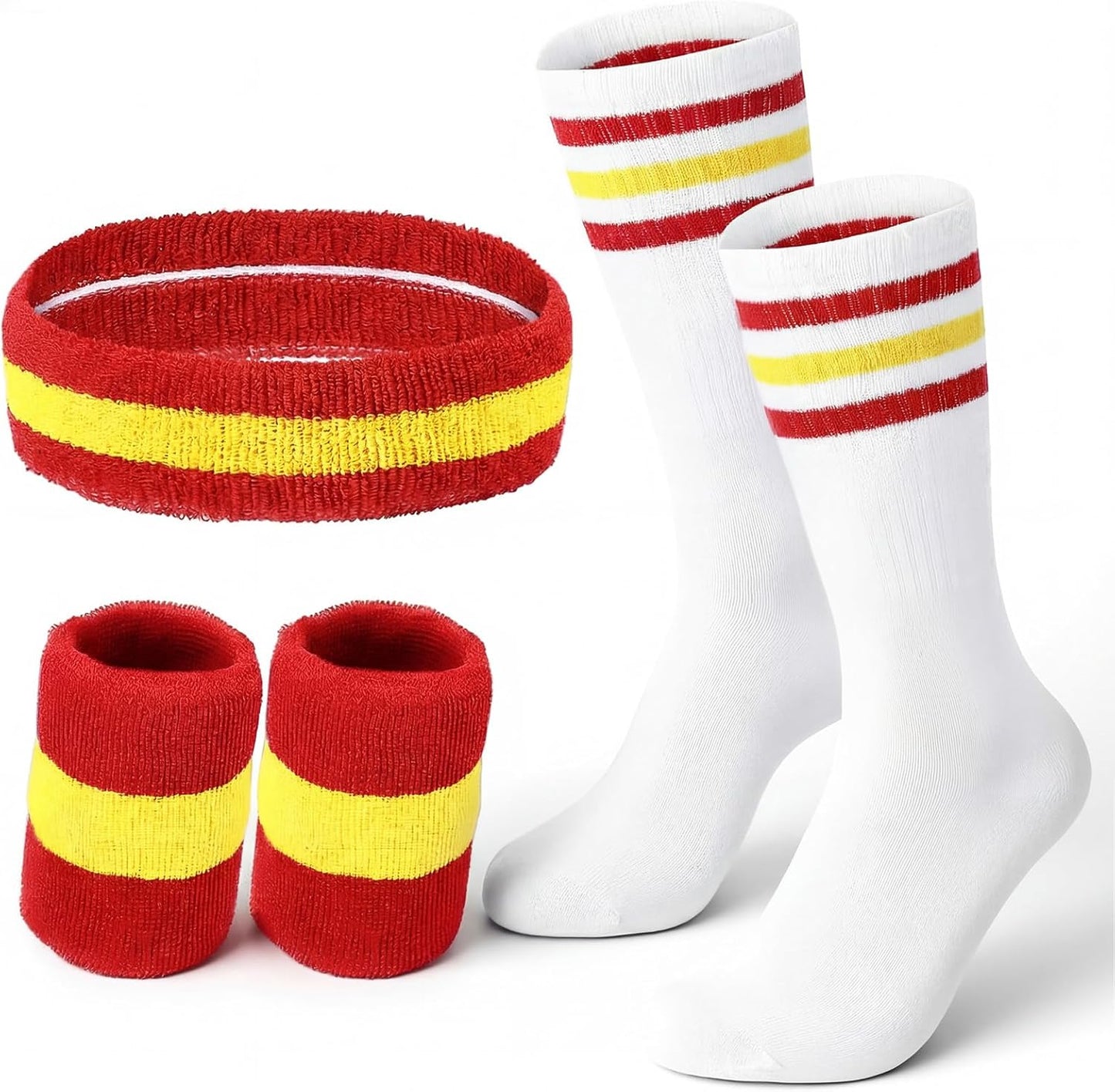 5Pcs Sweatbands Striped Socks Set Sports Headband Wristbands High Tube Socks 80s Accessories Costume for Women Men