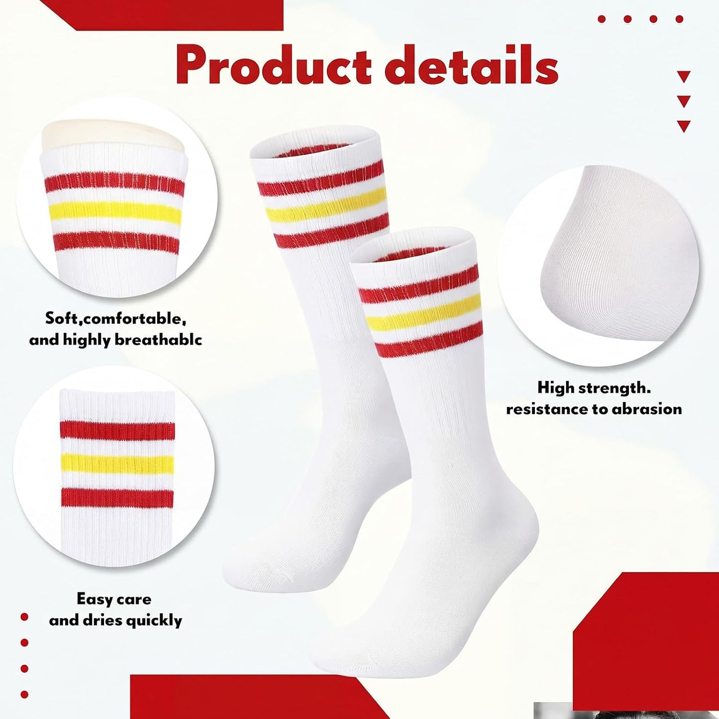 5Pcs Sweatbands Striped Socks Set Sports Headband Wristbands High Tube Socks 80s Accessories Costume for Women Men