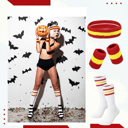 5Pcs Sweatbands Striped Socks Set Sports Headband Wristbands High Tube Socks 80s Accessories Costume for Women Men