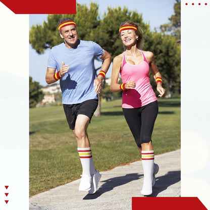 5Pcs Sweatbands Striped Socks Set Sports Headband Wristbands High Tube Socks 80s Accessories Costume for Women Men