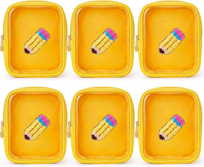 6 Pcs Back to School Gifts for Teacher Mini Clear Makeup Bags with Zipper PVC Cosmetic Pouch Yellow Crayon Makeup Bags Waterproof Pencil Pouch for Teacher Appreciation Gift