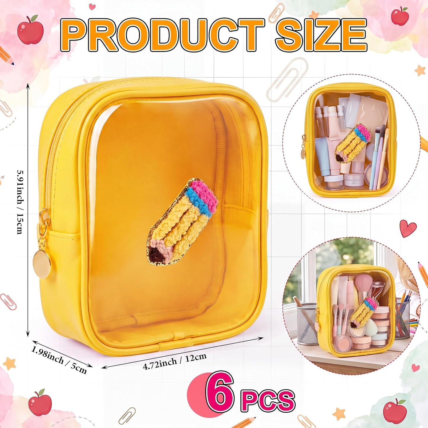 6 Pcs Back to School Gifts for Teacher Mini Clear Makeup Bags with Zipper PVC Cosmetic Pouch Yellow Crayon Makeup Bags Waterproof Pencil Pouch for Teacher Appreciation Gift