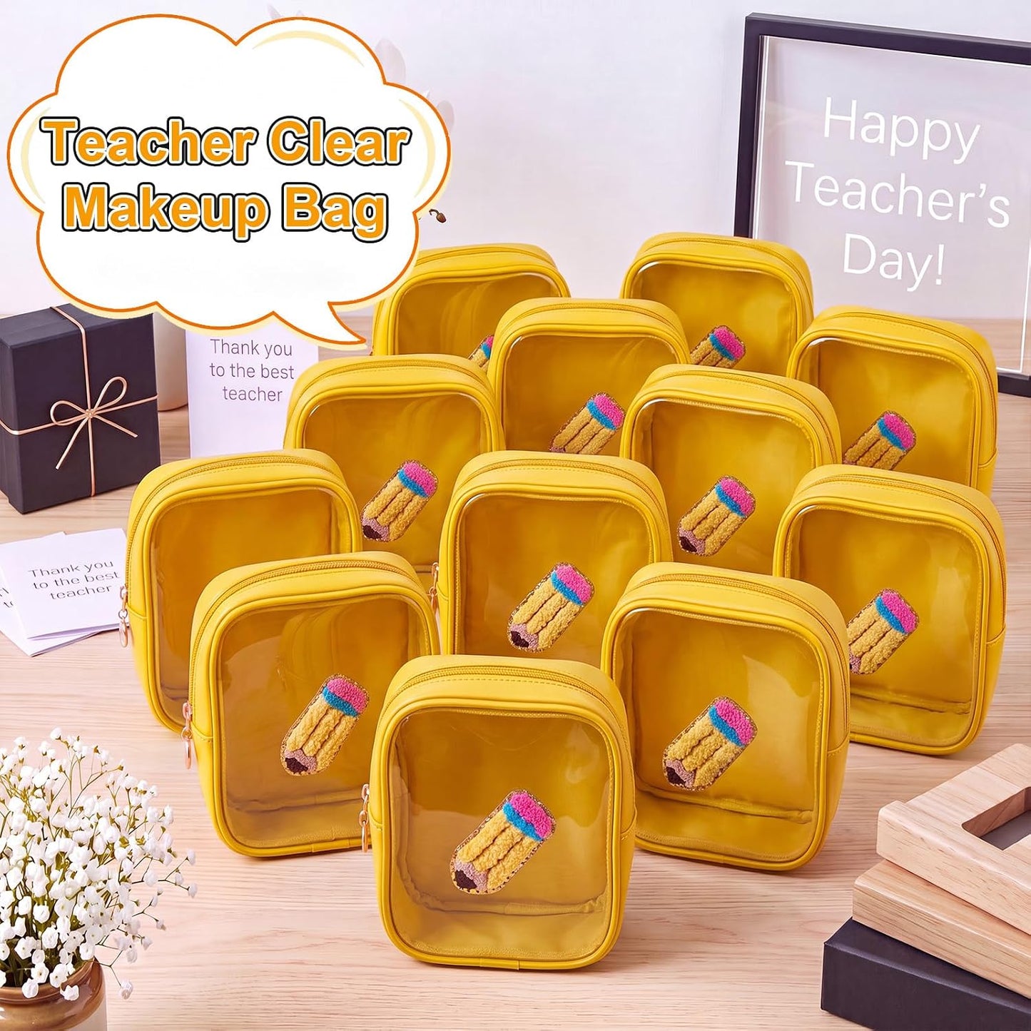 6 Pcs Back to School Gifts for Teacher Mini Clear Makeup Bags with Zipper PVC Cosmetic Pouch Yellow Crayon Makeup Bags Waterproof Pencil Pouch for Teacher Appreciation Gift
