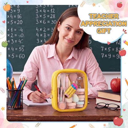 6 Pcs Back to School Gifts for Teacher Mini Clear Makeup Bags with Zipper PVC Cosmetic Pouch Yellow Crayon Makeup Bags Waterproof Pencil Pouch for Teacher Appreciation Gift