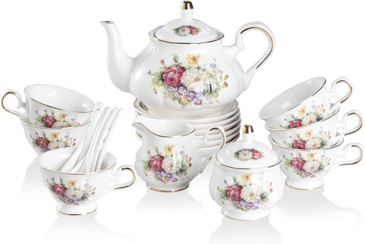 Sweejar Porcelain Tea Set Vintage Floral, British Relief Gold Rim Teapot Cup and Saucer Sets, 22-Piece Tea Sets for Adults, with Teapot, Sugar Bowl, Milk Jug, Spoons, Cup and Saucer (Flower Style)