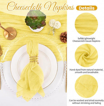 Cloth Napkins Set of 12, 20x20 Inch Yellow Cheesecloth Napkins Rustic Boho Gauze Dinner Napkin Cloth Washable Elegant Table Napkins for Wedding Party Bridal Baby Shower Table Decor