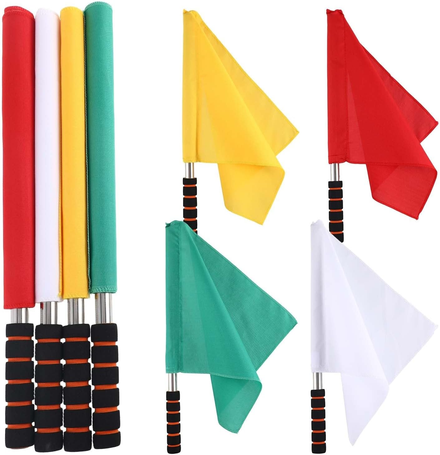 4pcs Hand Signal Soccer Referee Flags with Stainless Steel Poles for Track and Field Sports Match Officiating, 17.71 Inch, Yellow, Green, White, Red Flag for Soccer Volleyball Football