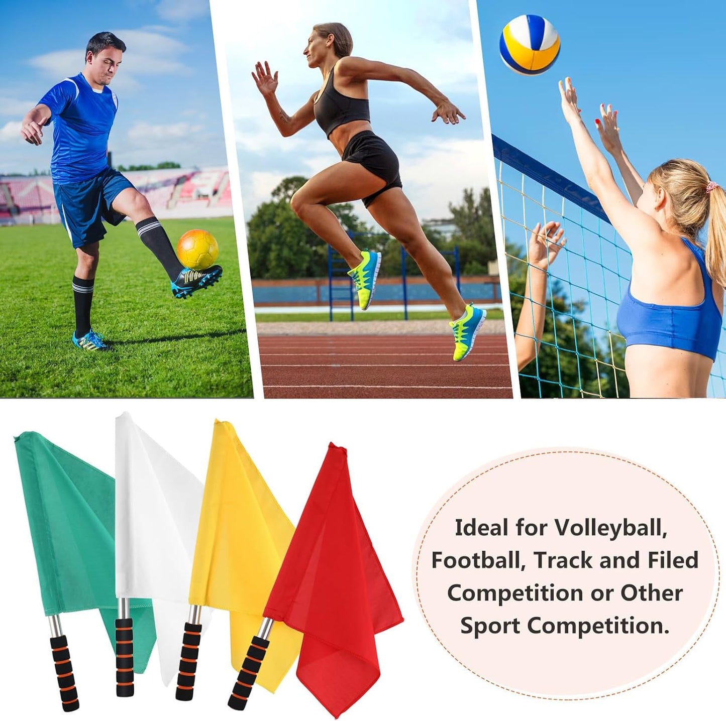4pcs Hand Signal Soccer Referee Flags with Stainless Steel Poles for Track and Field Sports Match Officiating, 17.71 Inch, Yellow, Green, White, Red Flag for Soccer Volleyball Football