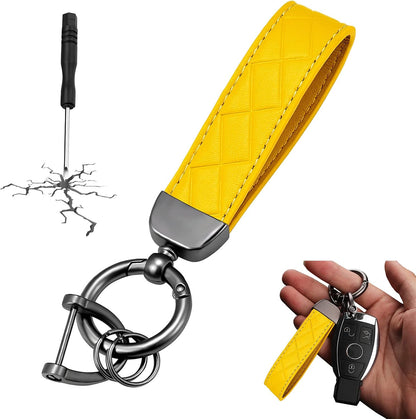 Car Keys Keychain, Leather Key Chain, Universal Decorative Car Key Holder, Anti-lost D-ring, 360 Degree Rotatable Key Fob Keychain, Keychain for Men and Women(Yellow)