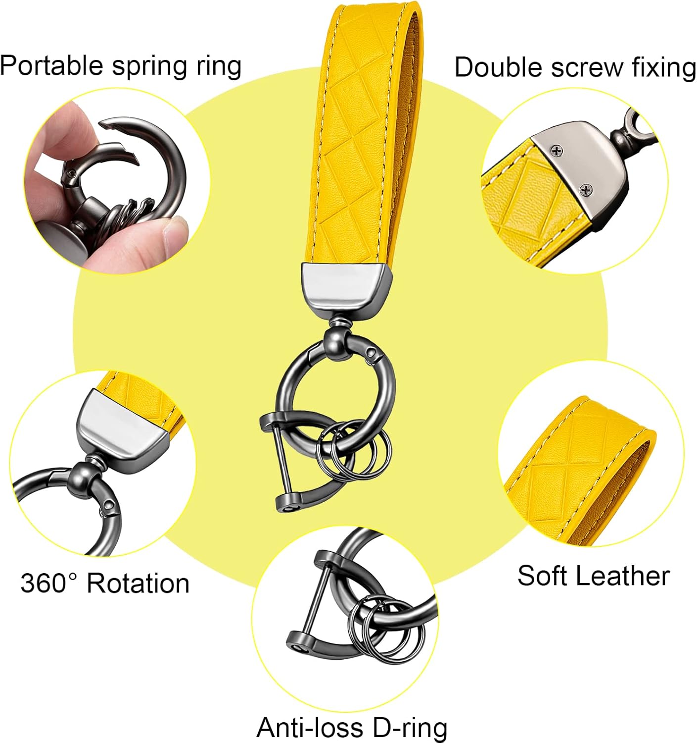 Car Keys Keychain, Leather Key Chain, Universal Decorative Car Key Holder, Anti-lost D-ring, 360 Degree Rotatable Key Fob Keychain, Keychain for Men and Women(Yellow)