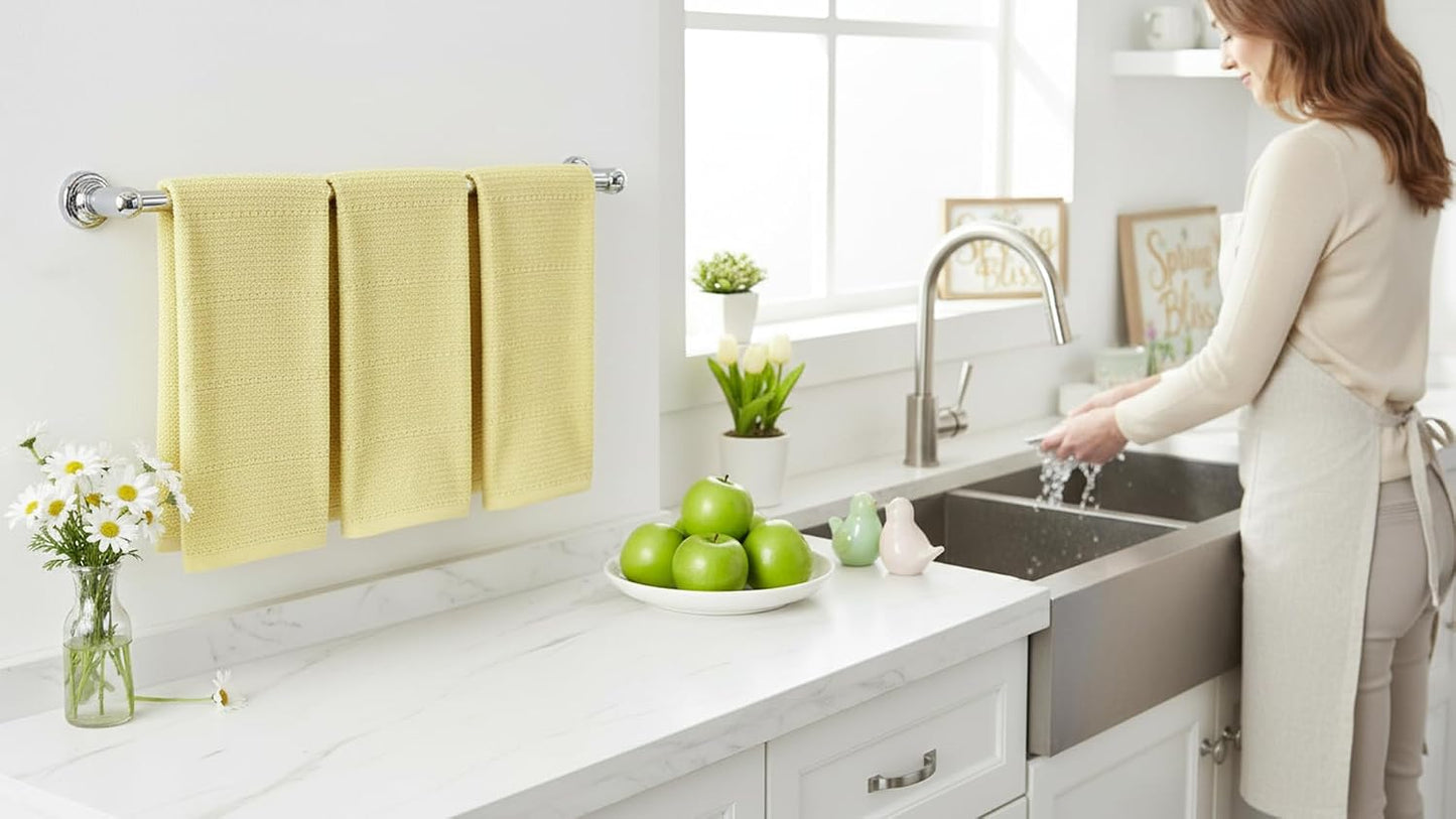 Light Butter Yellow Kitchen Hand Dish Towels: Oversized 28" x 18",100% Cotton Cloth Soft Cleaning Drying Absorbent Textured Design, Set of 3 Multipurpose for Everyday Use (Pale Yellow)