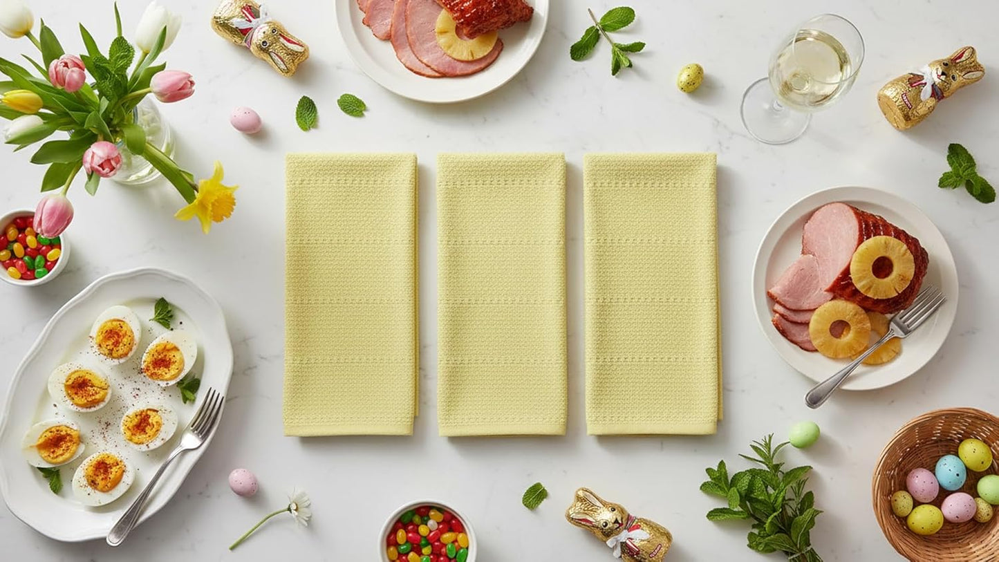 Light Butter Yellow Kitchen Hand Dish Towels: Oversized 28" x 18",100% Cotton Cloth Soft Cleaning Drying Absorbent Textured Design, Set of 3 Multipurpose for Everyday Use (Pale Yellow)