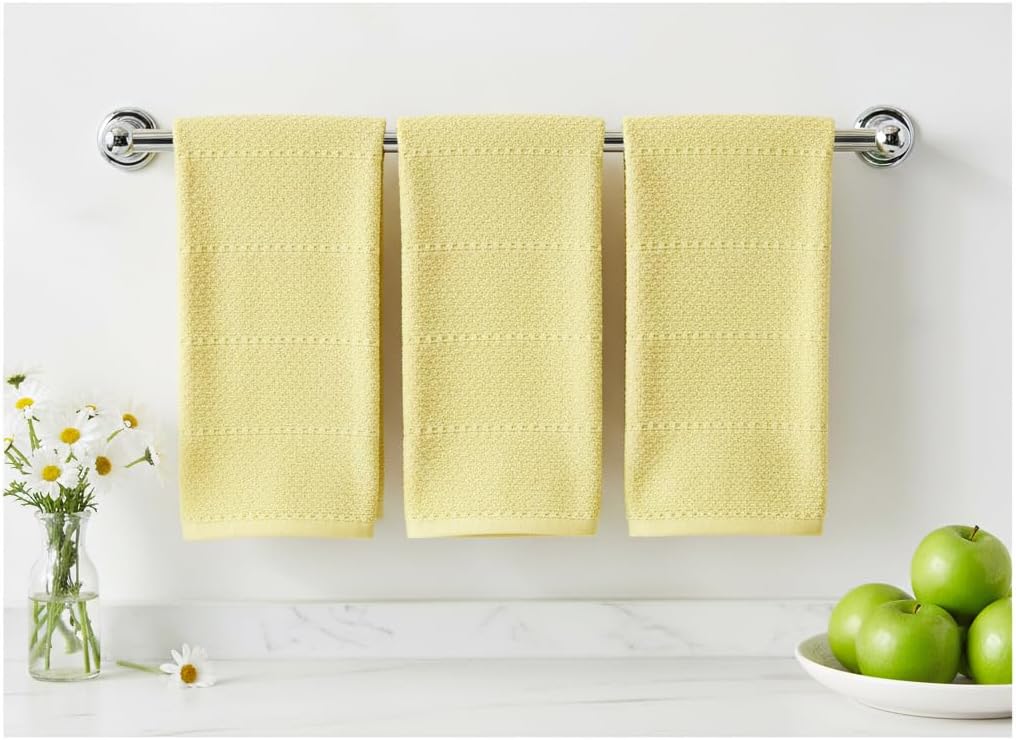 Light Butter Yellow Kitchen Hand Dish Towels: Oversized 28" x 18",100% Cotton Cloth Soft Cleaning Drying Absorbent Textured Design, Set of 3 Multipurpose for Everyday Use (Pale Yellow)