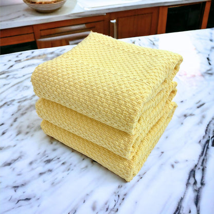 Light Butter Yellow Kitchen Hand Dish Towels: Oversized 28" x 18",100% Cotton Cloth Soft Cleaning Drying Absorbent Textured Design, Set of 3 Multipurpose for Everyday Use (Pale Yellow)