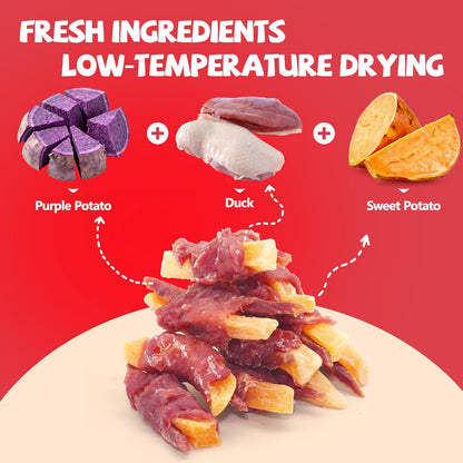 Dog Treats Duck Wrapped Yellow Purple Sweet Potato Chews 14.11oz | High-protein healthy for dental care, training & rewards. Thick cut, easy to break for Small, Medium & Large,even picky pups