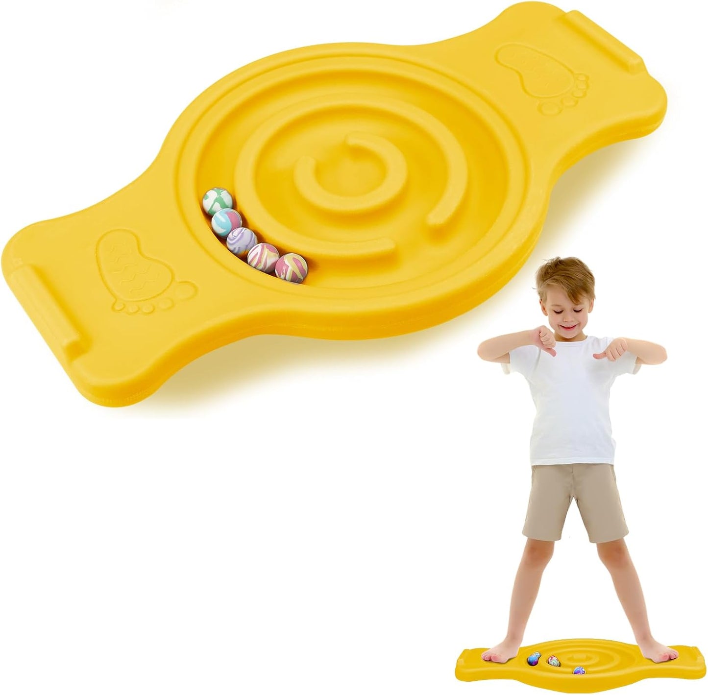 Maze Balance Board for Kids Plastic Rocker Wobble Board with Mini Balls Load 220lb Balance Game with Handles for Toddler Balancing Exercise Equipment Game, 24.5 x 11.8 Inch (Yellow)