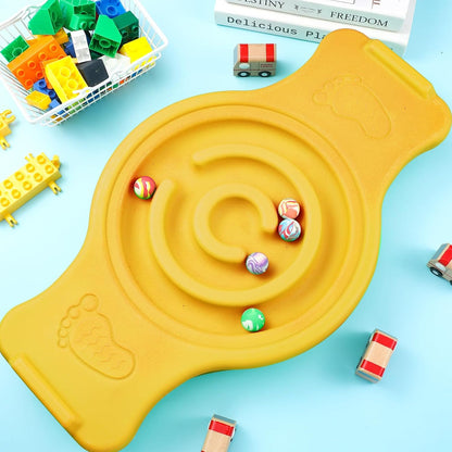 Maze Balance Board for Kids Plastic Rocker Wobble Board with Mini Balls Load 220lb Balance Game with Handles for Toddler Balancing Exercise Equipment Game, 24.5 x 11.8 Inch (Yellow)