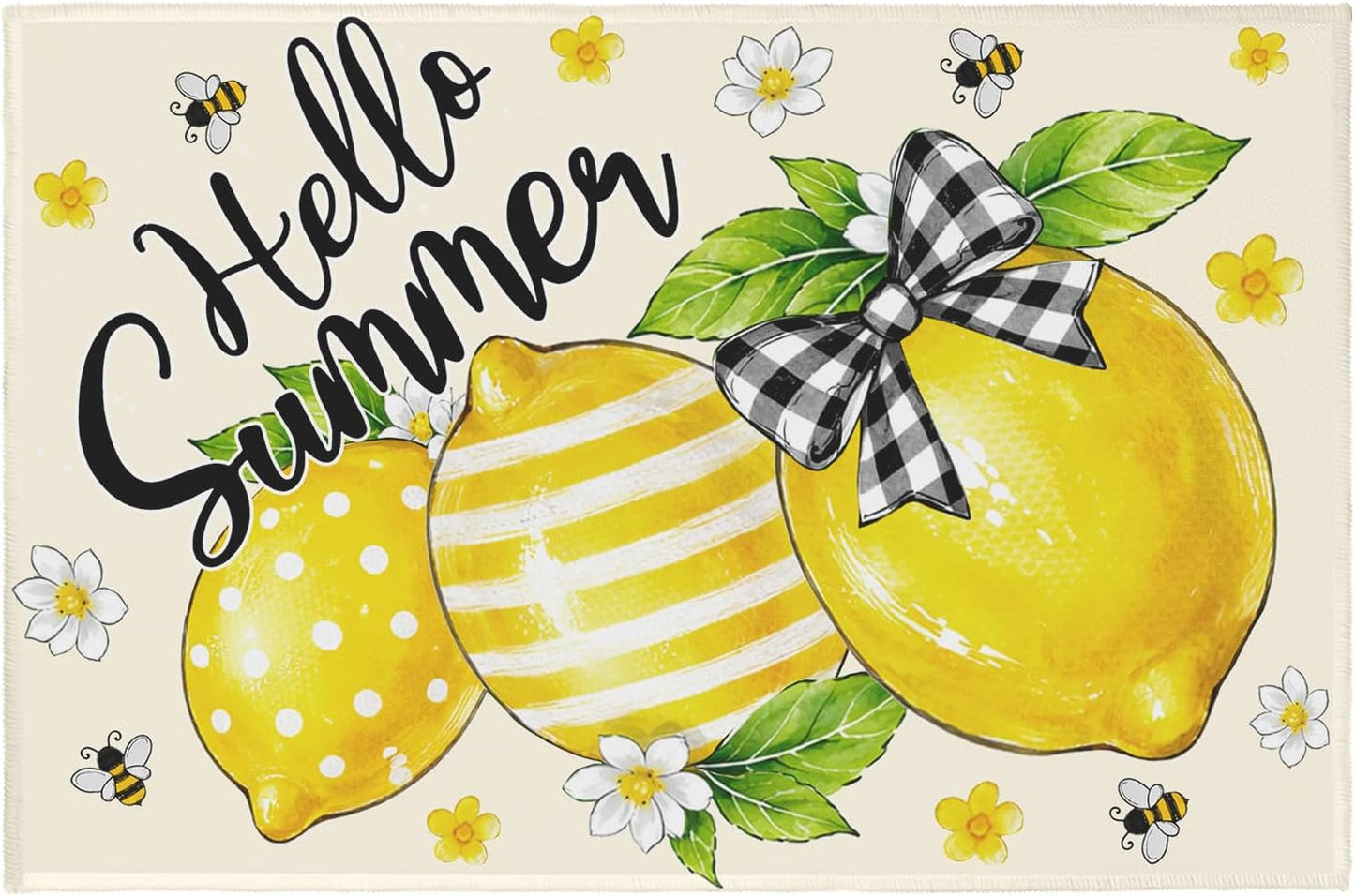Lemon Welcome Mat Hello Summer Citrus Door Mat Yellow Fruit Kitchen Rug 24x35 Inch Washable Area Rugs Non Slip Rubber Backing Carpet for Front Door Entrance Bathroom Laundry Room