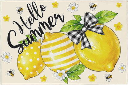 Lemon Welcome Mat Hello Summer Citrus Door Mat Yellow Fruit Kitchen Rug 24x35 Inch Washable Area Rugs Non Slip Rubber Backing Carpet for Front Door Entrance Bathroom Laundry Room