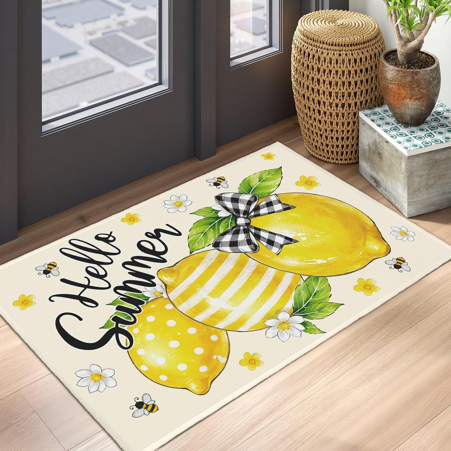 Lemon Welcome Mat Hello Summer Citrus Door Mat Yellow Fruit Kitchen Rug 24x35 Inch Washable Area Rugs Non Slip Rubber Backing Carpet for Front Door Entrance Bathroom Laundry Room
