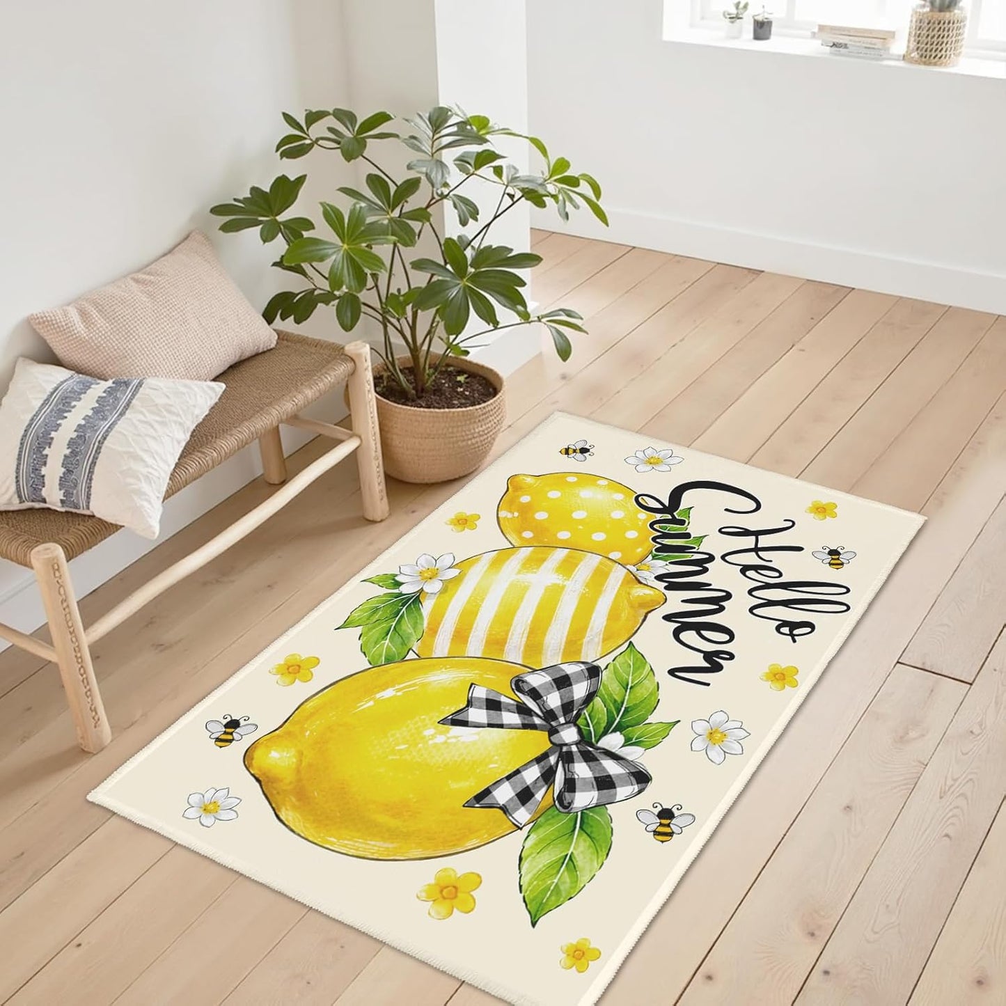 Lemon Welcome Mat Hello Summer Citrus Door Mat Yellow Fruit Kitchen Rug 24x35 Inch Washable Area Rugs Non Slip Rubber Backing Carpet for Front Door Entrance Bathroom Laundry Room