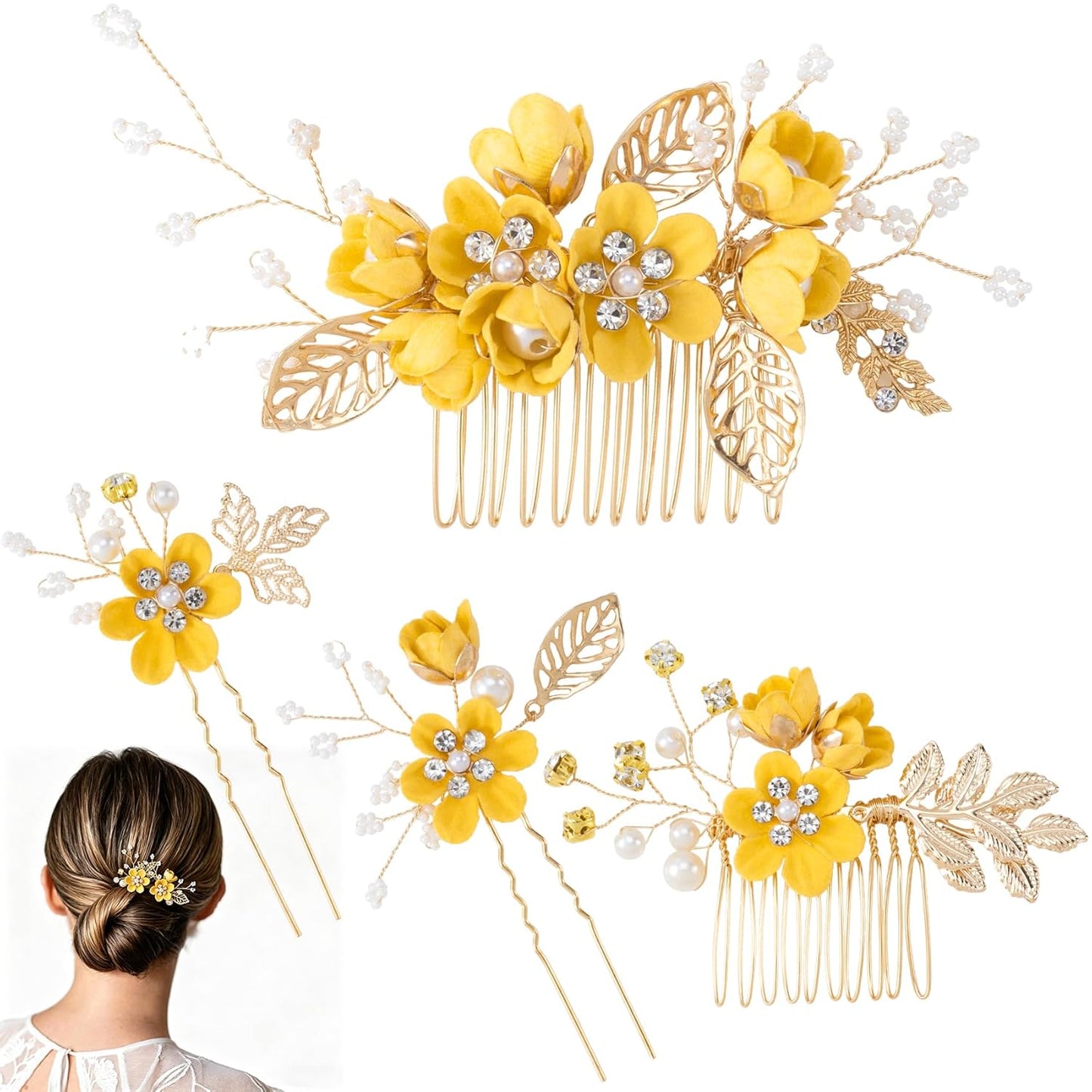 4pcs Camellia Flower Tassels Hairpin, Non-Slip Crystal Pearl Hair Comb Clips, Retro Chinese Hanfu Wedding Brides Hair Comb Accessories for Long Hair- Yellow