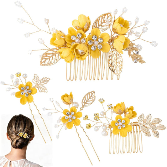 4pcs Camellia Flower Tassels Hairpin, Non-Slip Crystal Pearl Hair Comb Clips, Retro Chinese Hanfu Wedding Brides Hair Comb Accessories for Long Hair- Yellow