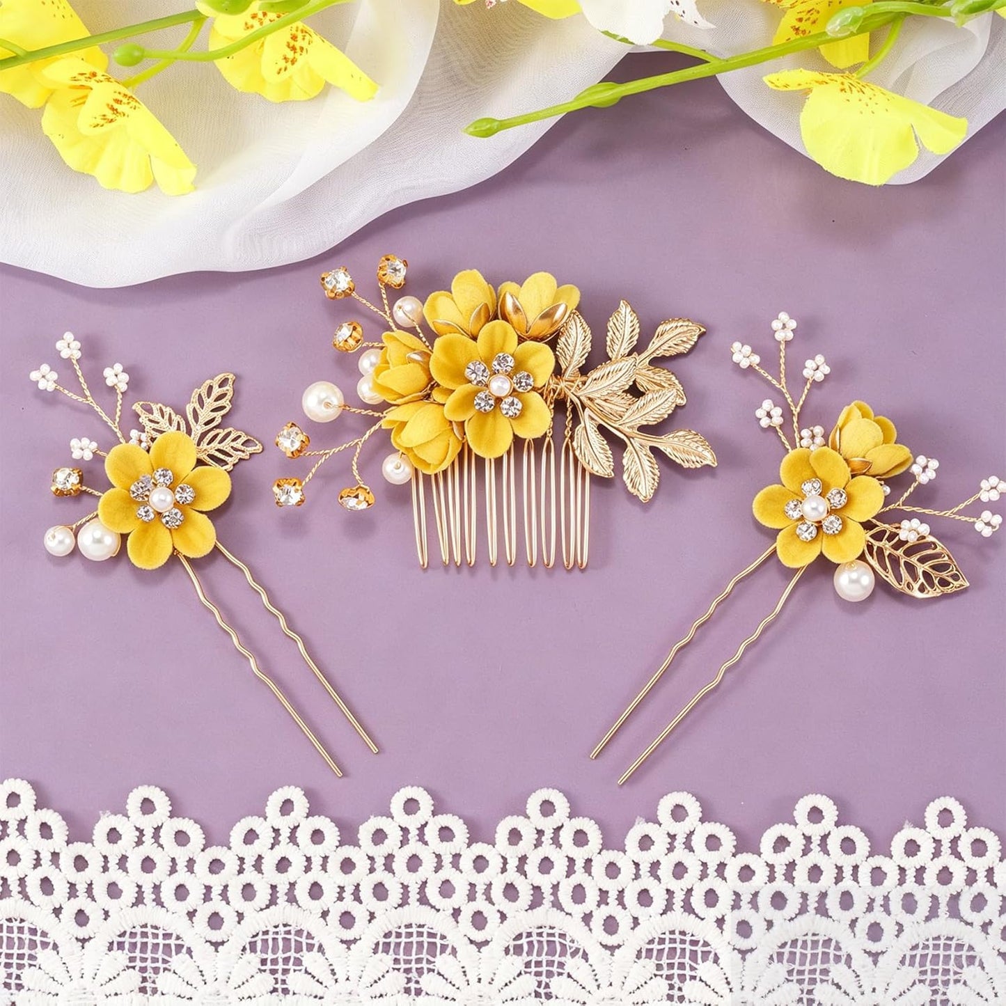 4pcs Camellia Flower Tassels Hairpin, Non-Slip Crystal Pearl Hair Comb Clips, Retro Chinese Hanfu Wedding Brides Hair Comb Accessories for Long Hair- Yellow