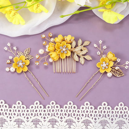 4pcs Camellia Flower Tassels Hairpin, Non-Slip Crystal Pearl Hair Comb Clips, Retro Chinese Hanfu Wedding Brides Hair Comb Accessories for Long Hair- Yellow