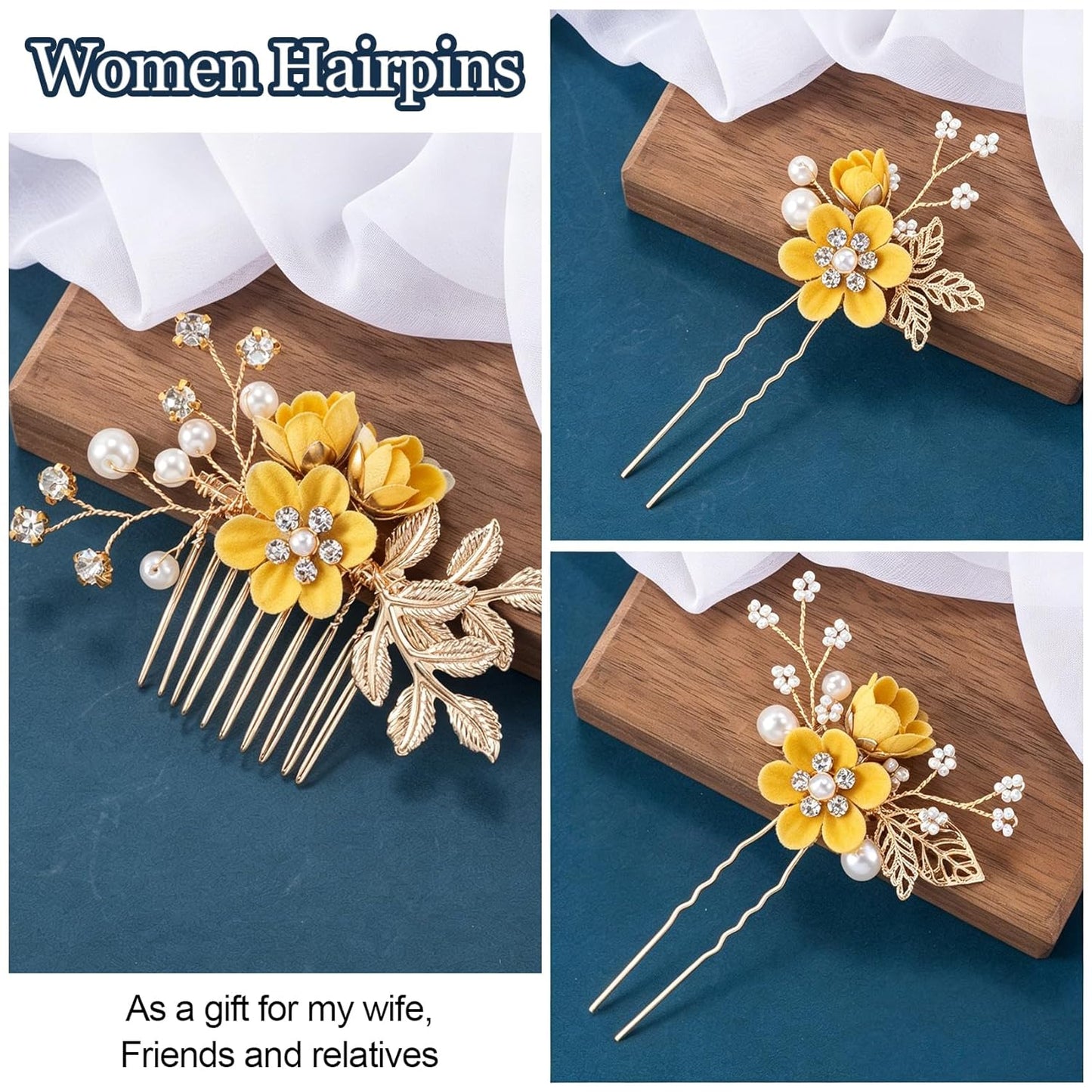 4pcs Camellia Flower Tassels Hairpin, Non-Slip Crystal Pearl Hair Comb Clips, Retro Chinese Hanfu Wedding Brides Hair Comb Accessories for Long Hair- Yellow