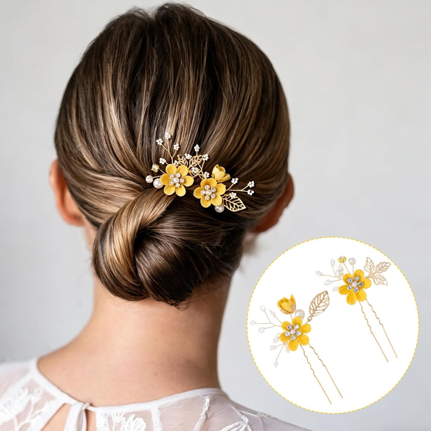 4pcs Camellia Flower Tassels Hairpin, Non-Slip Crystal Pearl Hair Comb Clips, Retro Chinese Hanfu Wedding Brides Hair Comb Accessories for Long Hair- Yellow