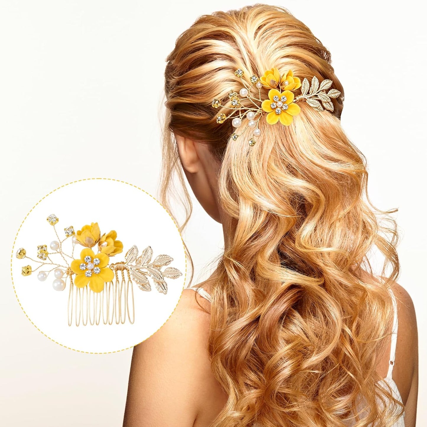 4pcs Camellia Flower Tassels Hairpin, Non-Slip Crystal Pearl Hair Comb Clips, Retro Chinese Hanfu Wedding Brides Hair Comb Accessories for Long Hair- Yellow