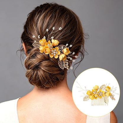 4pcs Camellia Flower Tassels Hairpin, Non-Slip Crystal Pearl Hair Comb Clips, Retro Chinese Hanfu Wedding Brides Hair Comb Accessories for Long Hair- Yellow