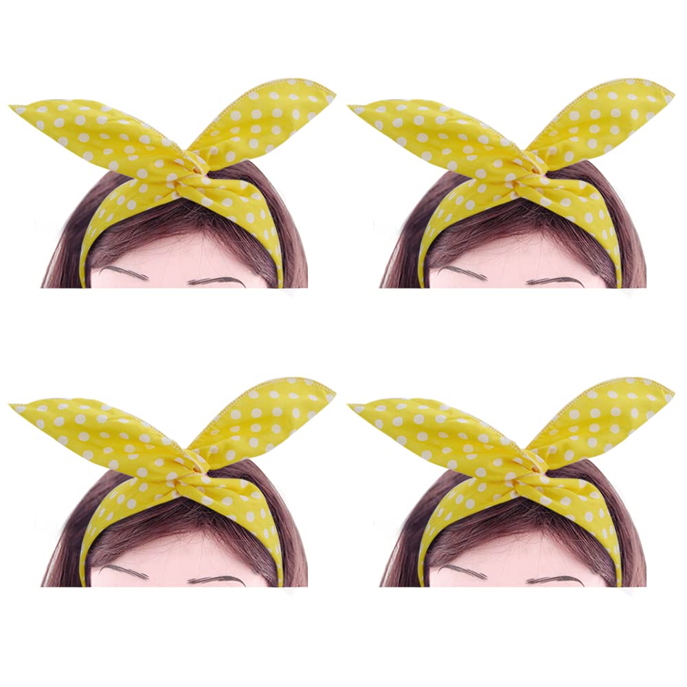 4PCS Yellow Headband for Girls and Women Polka Dot Headbands Retro 50s Hair Bow Wire Headband Vintage Hairband Hair Accessories (Yellow)