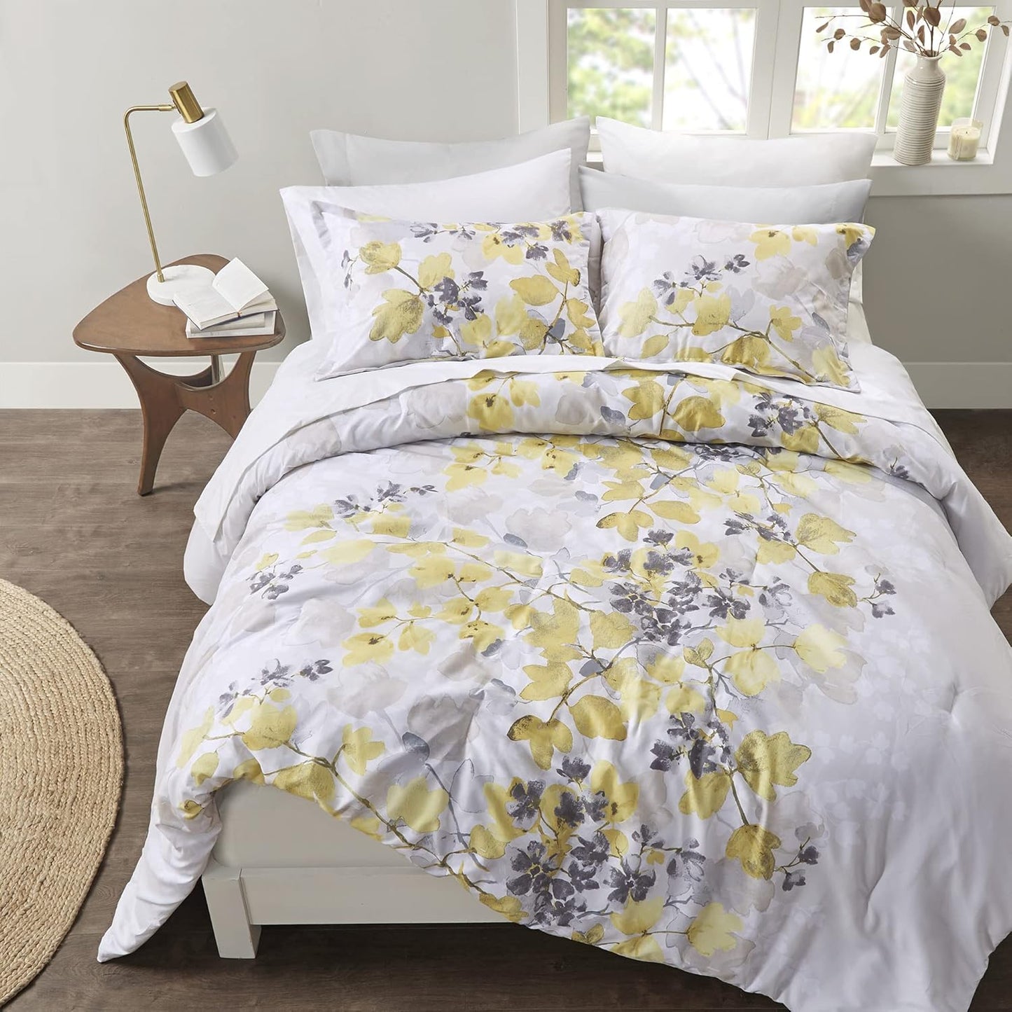 Bed in A Bag - Trendy Casual Design Cozy Comforter with Complete Sheet Set with Side Pocket, All Season Cover, Matching Shams, King, Alexis, Leaf Yellow 9 Piece