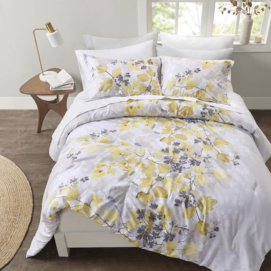 Bed in A Bag - Trendy Casual Design Cozy Comforter with Complete Sheet Set with Side Pocket, All Season Cover, Matching Shams, King, Alexis, Leaf Yellow 9 Piece