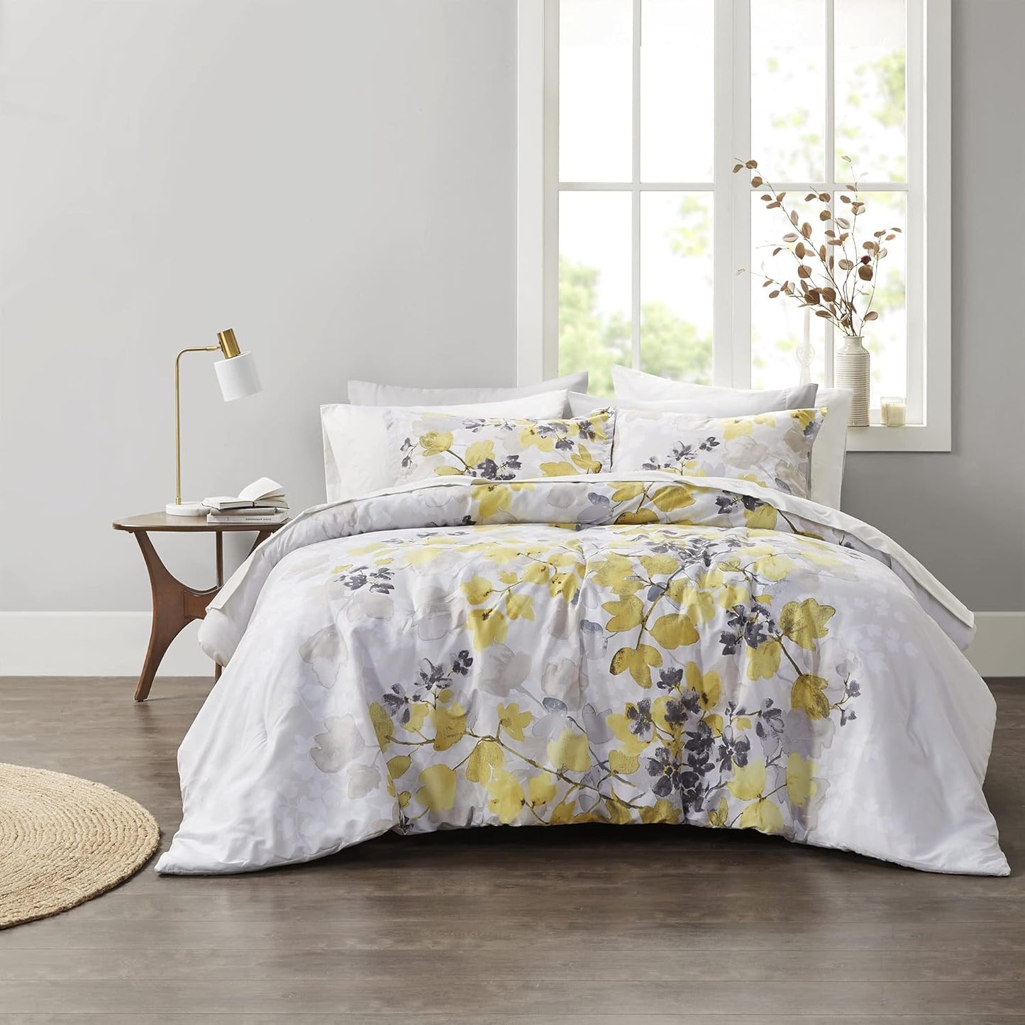 Bed in A Bag - Trendy Casual Design Cozy Comforter with Complete Sheet Set with Side Pocket, All Season Cover, Matching Shams, King, Alexis, Leaf Yellow 9 Piece