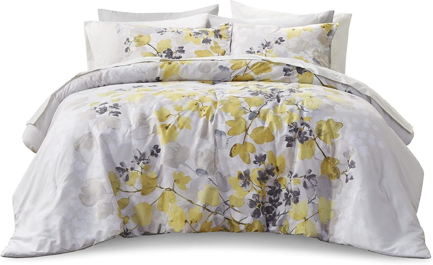 Bed in A Bag - Trendy Casual Design Cozy Comforter with Complete Sheet Set with Side Pocket, All Season Cover, Matching Shams, King, Alexis, Leaf Yellow 9 Piece