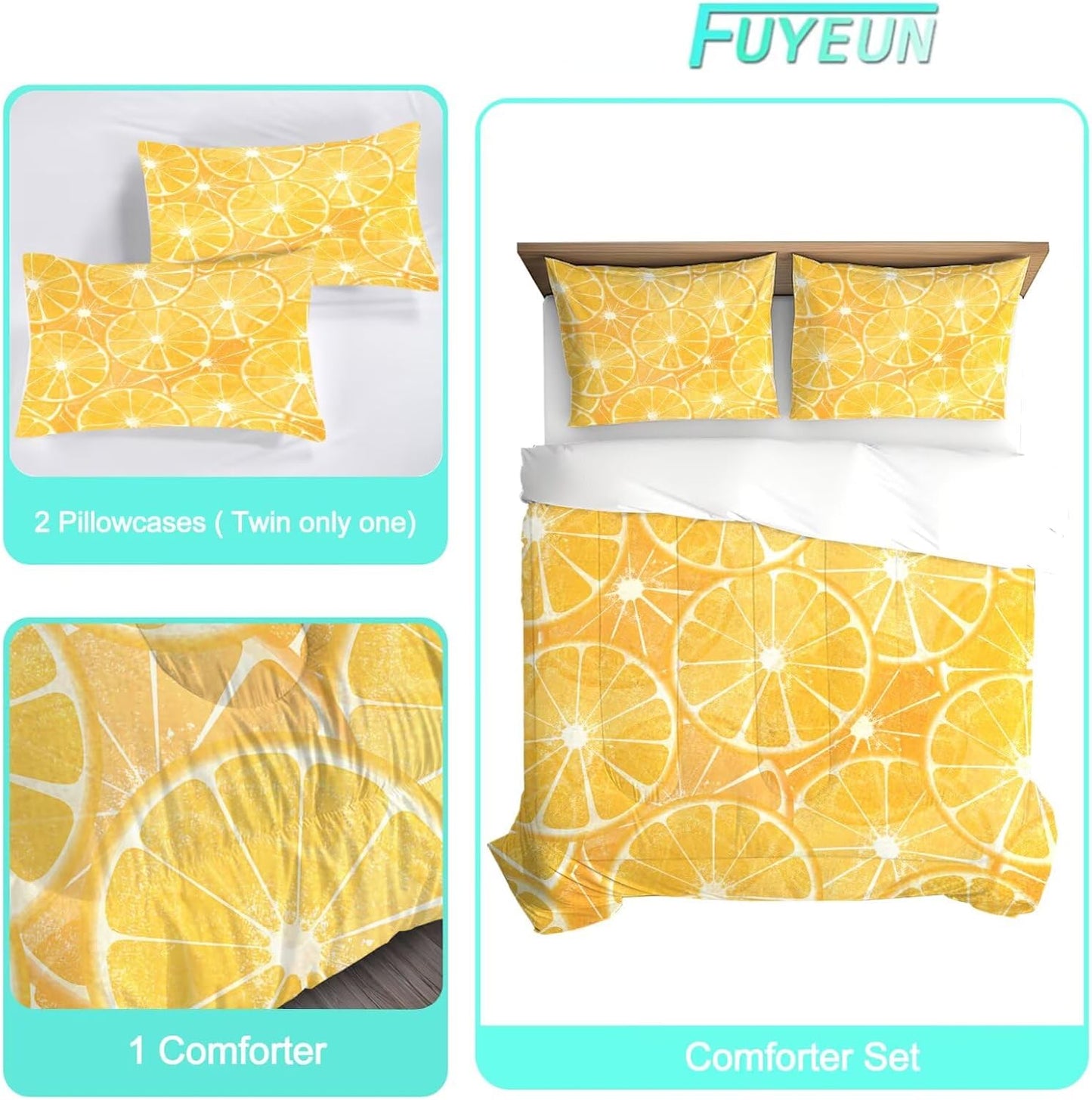 Citrus Fruit Bedding Set Full/Queen Yellow Comforter for Girls Women Bedroom Juicy Fresh Summer Lemon Quilt Bed Set 1 Comforter 2 Pillowcases
