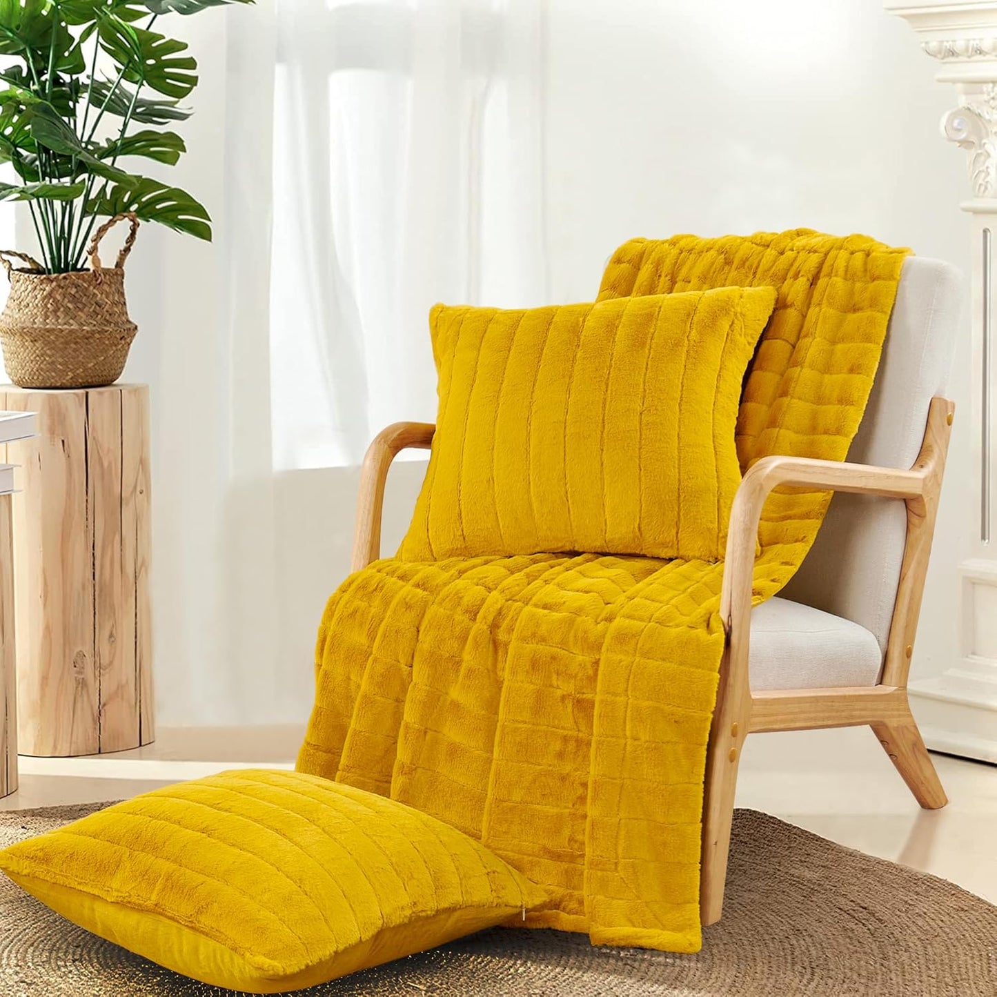 Striped Throw Blanket and Pillow Covers Set (No Inserts) for Couch and Bed, Plush Warm Lightweight Fuzzy Faux Fur Blanket for All Seasons (50" x 60", Mustard Yellow)