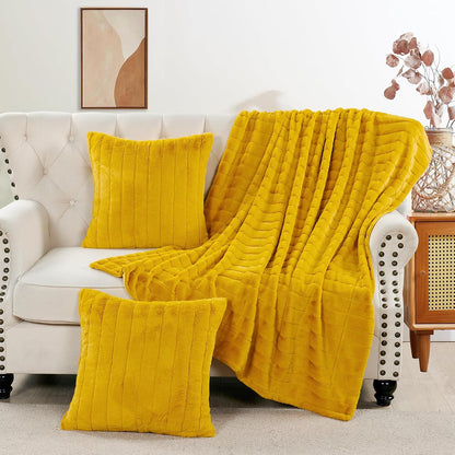 Striped Throw Blanket and Pillow Covers Set (No Inserts) for Couch and Bed, Plush Warm Lightweight Fuzzy Faux Fur Blanket for All Seasons (50" x 60", Mustard Yellow)