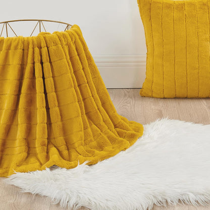 Striped Throw Blanket and Pillow Covers Set (No Inserts) for Couch and Bed, Plush Warm Lightweight Fuzzy Faux Fur Blanket for All Seasons (50" x 60", Mustard Yellow)