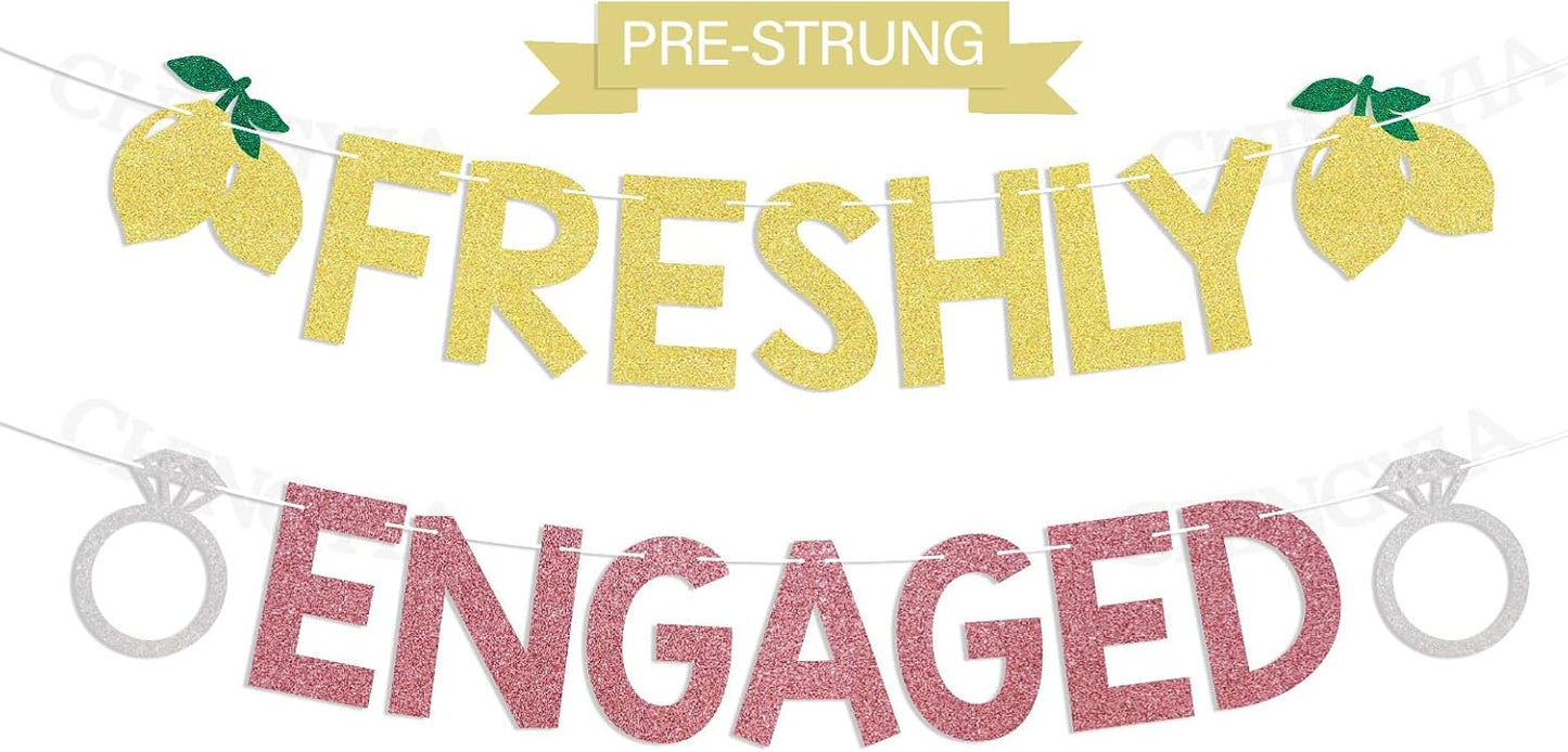 Lemon Theme Bachelorette Party Decor - Freshly Engaged Banner - She Found Her Main Squeeze Sign, Lemon Citrus Theme Bridal Shower Decorations Gold & Pink Glitter